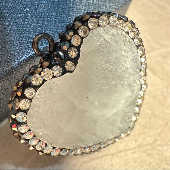 Raw Quartz Crystal Heart Pendant with Rhinestone Border - Picture 14 of 17